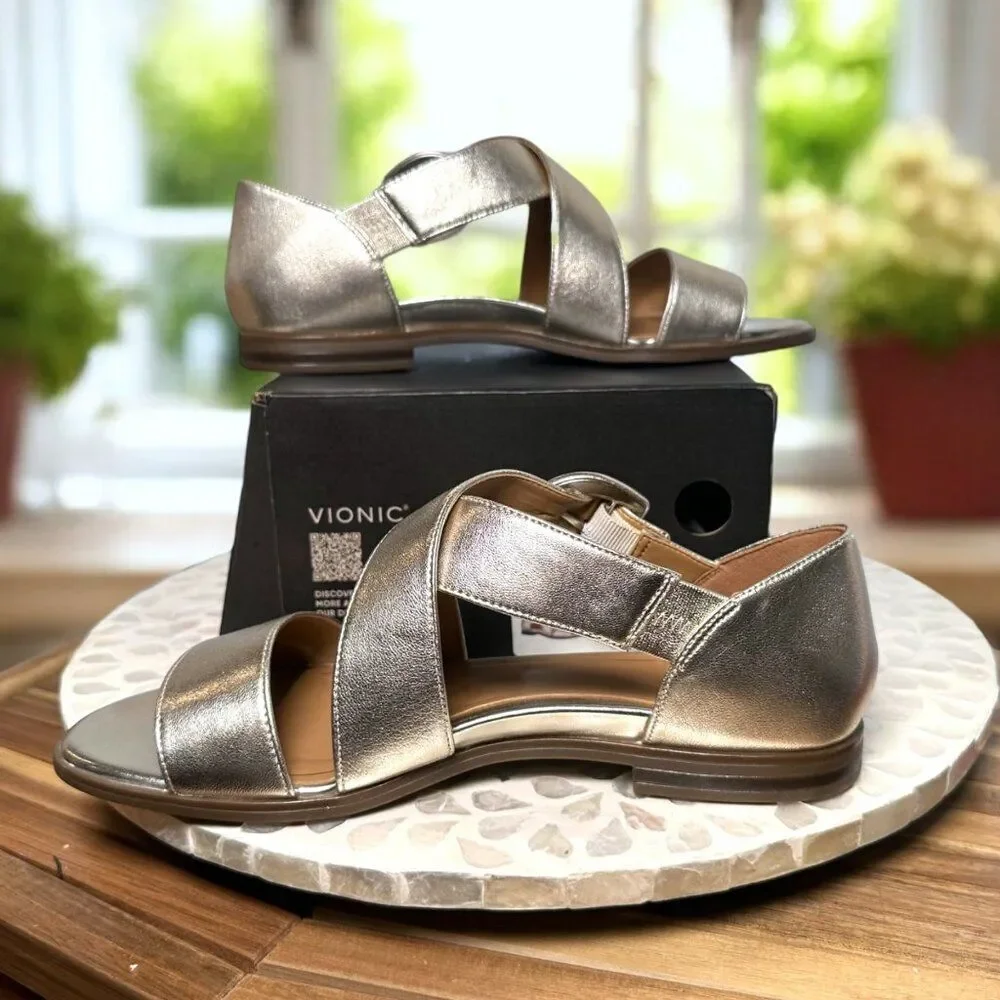 Vionic Pacifica Supportive Orthotic Sandal Gold Metallic Leather Women’s 9 Wide